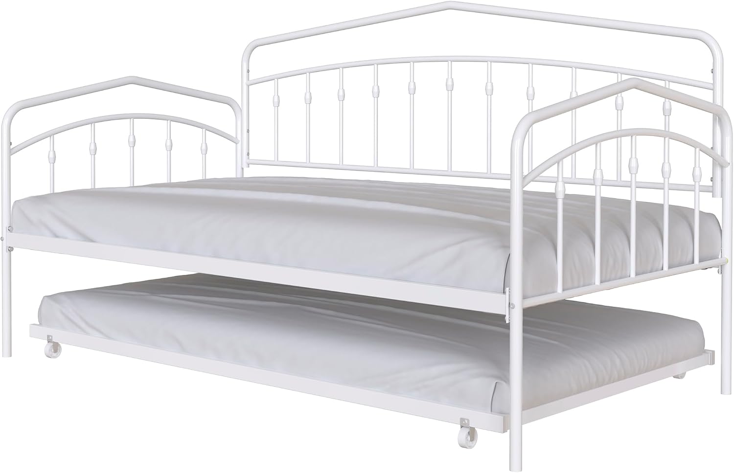 Twin Daybed with Trundle,Metal Sofa Bed Set,Rollaway Daybed Couch Bed Frame for Bedroom Living Room Guest Room White