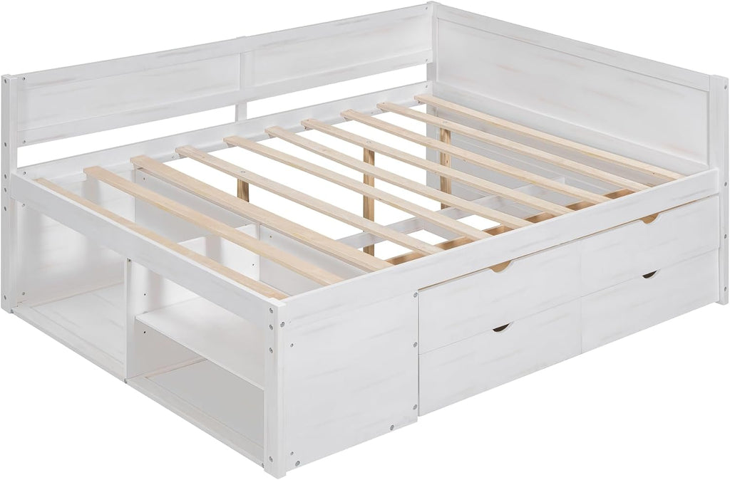 Full Size Daybed with 4 Pull-Out Drawers and 3 Functioning Shelves,Solid Wood Day Bed Frame with Wooden Slats Support for Bedroom,No Box Spring Required (White-AB41)