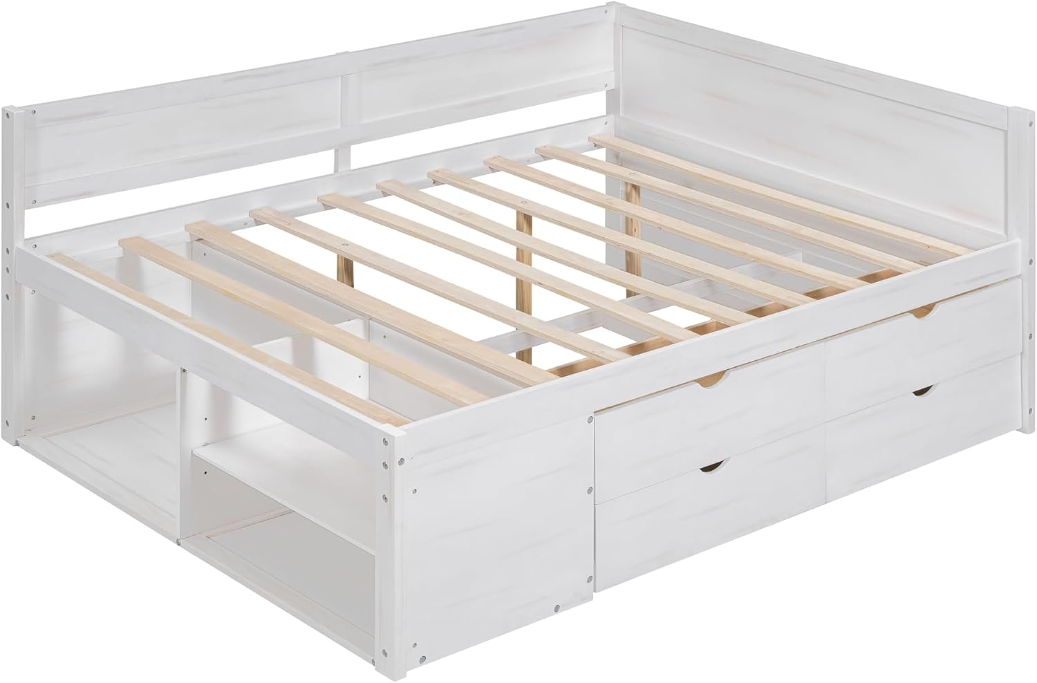 Full Size Daybed with 4 Pull-Out Drawers and 3 Functioning Shelves,Solid Wood Day Bed Frame with Wooden Slats Support for Bedroom,No Box Spring Required (White-AB41)