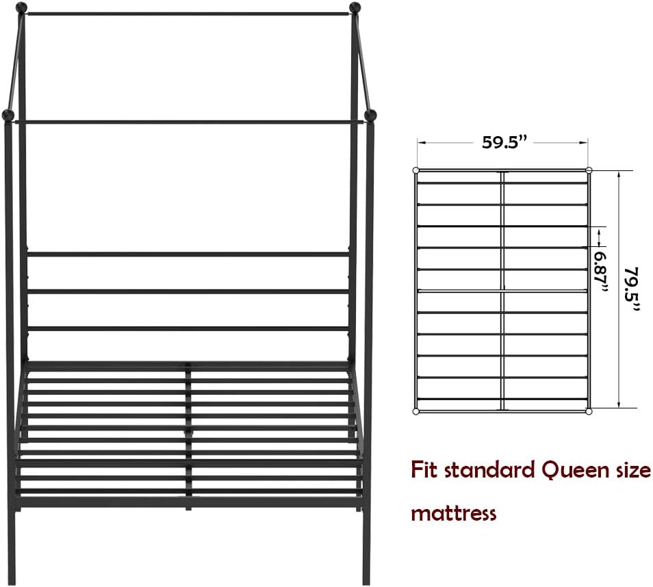 JOM Canopy Bed Frame Queen Size Black Metal 4 Poster Mattress Foundation Modern Post Corner with Headboard for Girls Adults