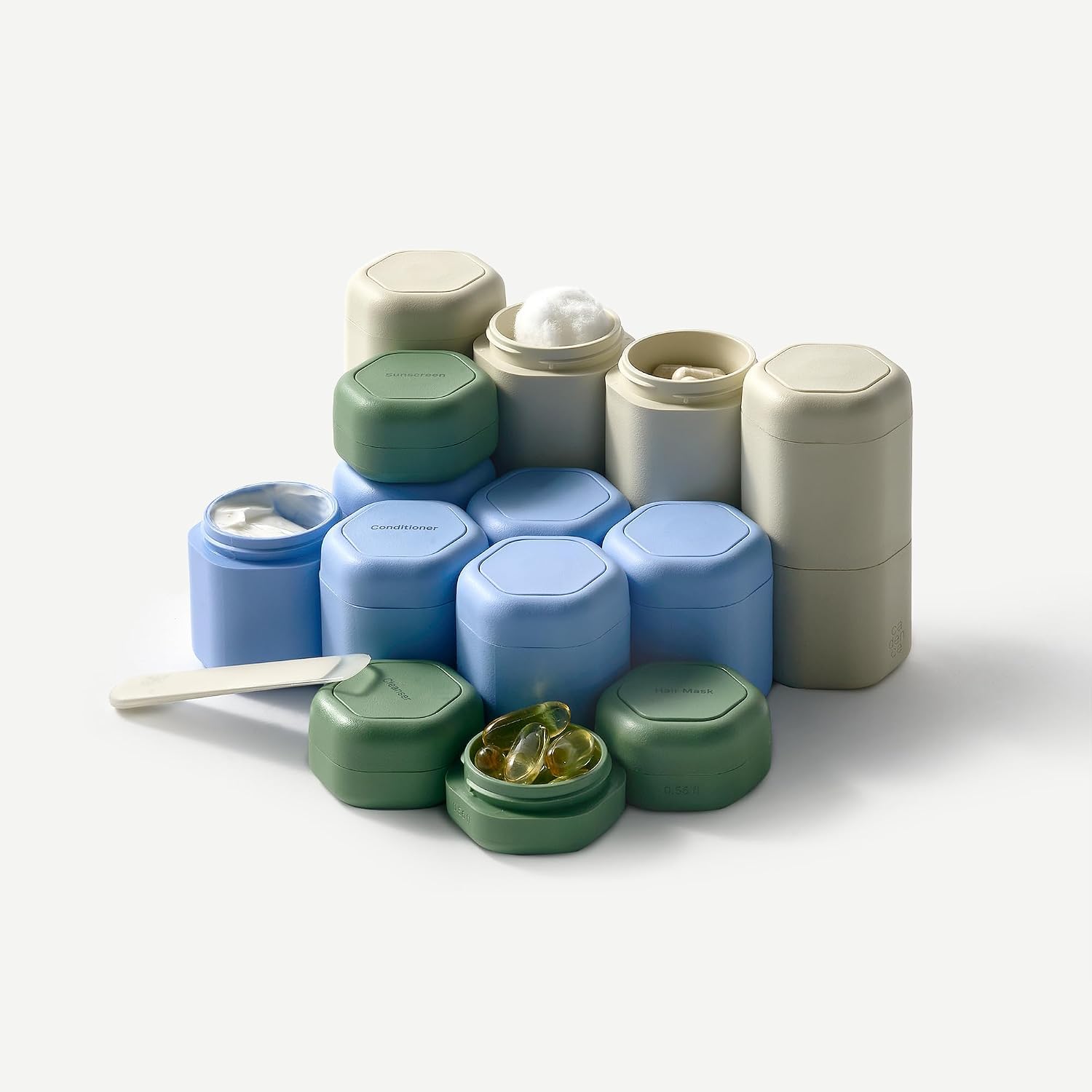Cadence Travel Containers - Daily Routine Capsule Set - Magnetic Containers with Lids,4 Flex Mediums (1.32oz) & 3 Flex Smalls (0.56oz) - Shampoo, Conditioner, Body Wash, Pills, & More - Pacific