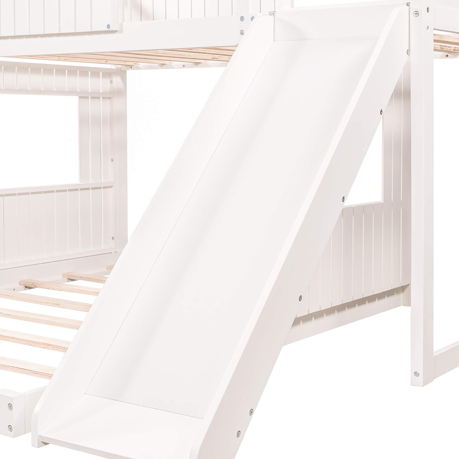 Twin Over Full Bunk Beds with Slide for Kids Toddlers, Play Farm House Roof Window Guardrail Ladder, for Girls Boys, No Spring Box Required (White-Slide-Twin-Full)