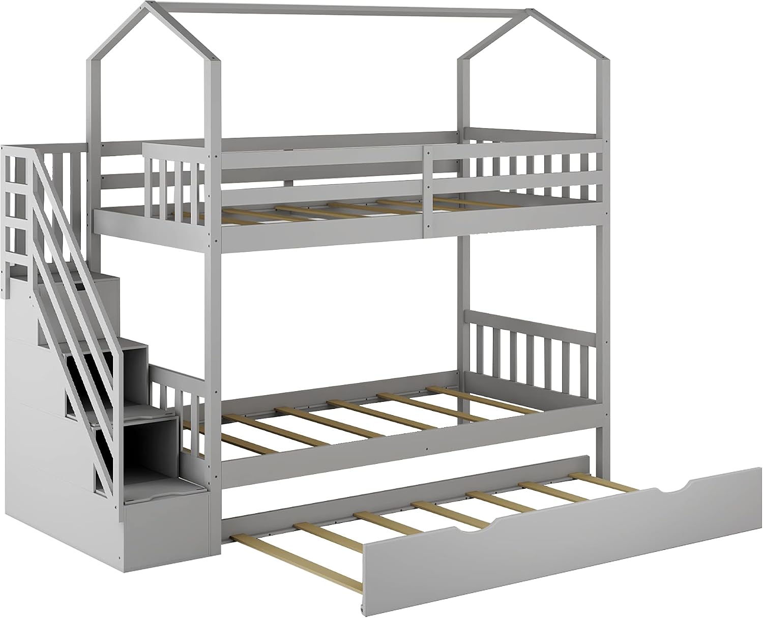 KLMM Twin Over Twin Bunk Bed for Kids Toddlers, House Bunk Bed Farm with Storage Steps and Trundle, Roof Guardrail for Girls/Boys, No Spring Box Required (Gray + Pine+Trundle)