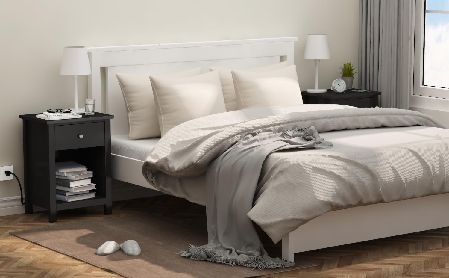 ChooChoo Black Nightstand Set of 2,Night Stand with Charging Station, Wooden Top Bedside End Table with Drawer and Storage Space for Bedroom