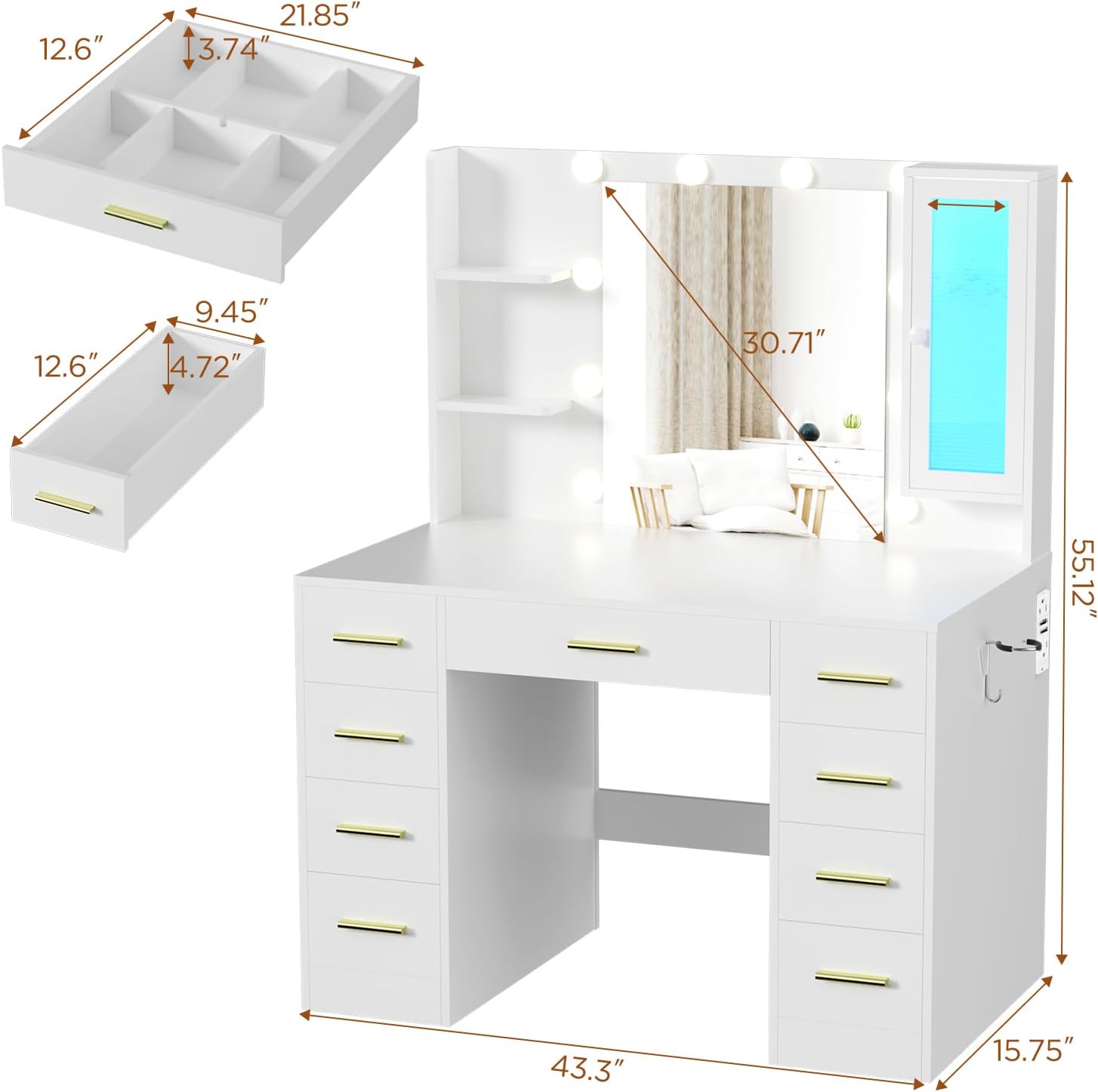 ERLEJIA Vanity Desk with Mirror and Lights, 43' Large Makeup Dressing Table with 9 Drawers & 3 Shelves, RGB LED Lighting & Power Outlet, White and Gold