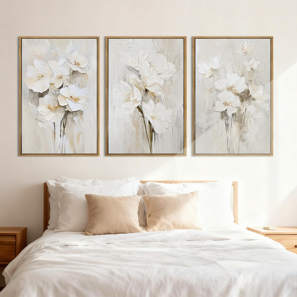 Anyzal Large Framed Beige Floral Wall Art Neutral Flower Wall Decor,White Flower Wall Art,White Wildflower Artwork,Abstract Botanical Floral Painting for Living Room Bedroom Dining Room 24x36 Inch