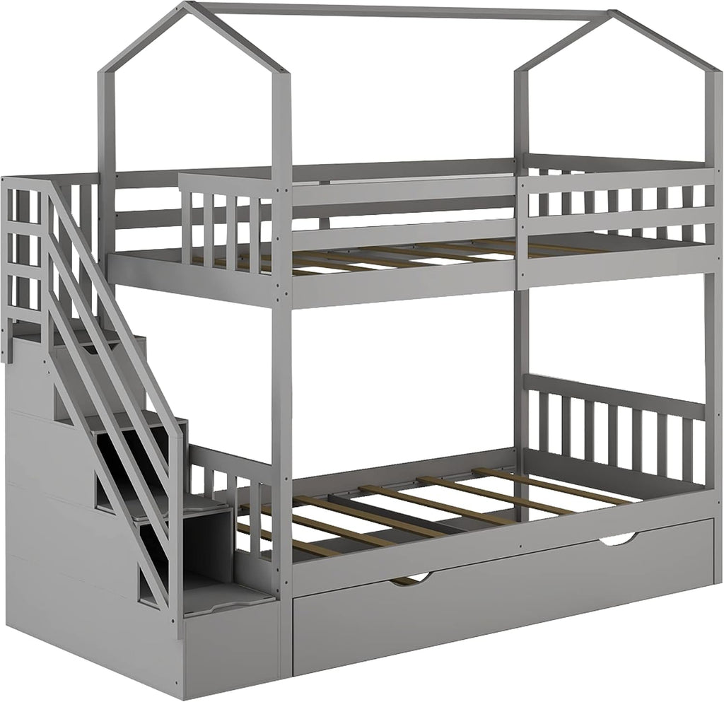 KLMM Twin Over Twin Bunk Bed for Kids Toddlers, House Bunk Bed Farm with Storage Steps and Trundle, Roof Guardrail for Girls/Boys, No Spring Box Required (Gray + Pine+Trundle)