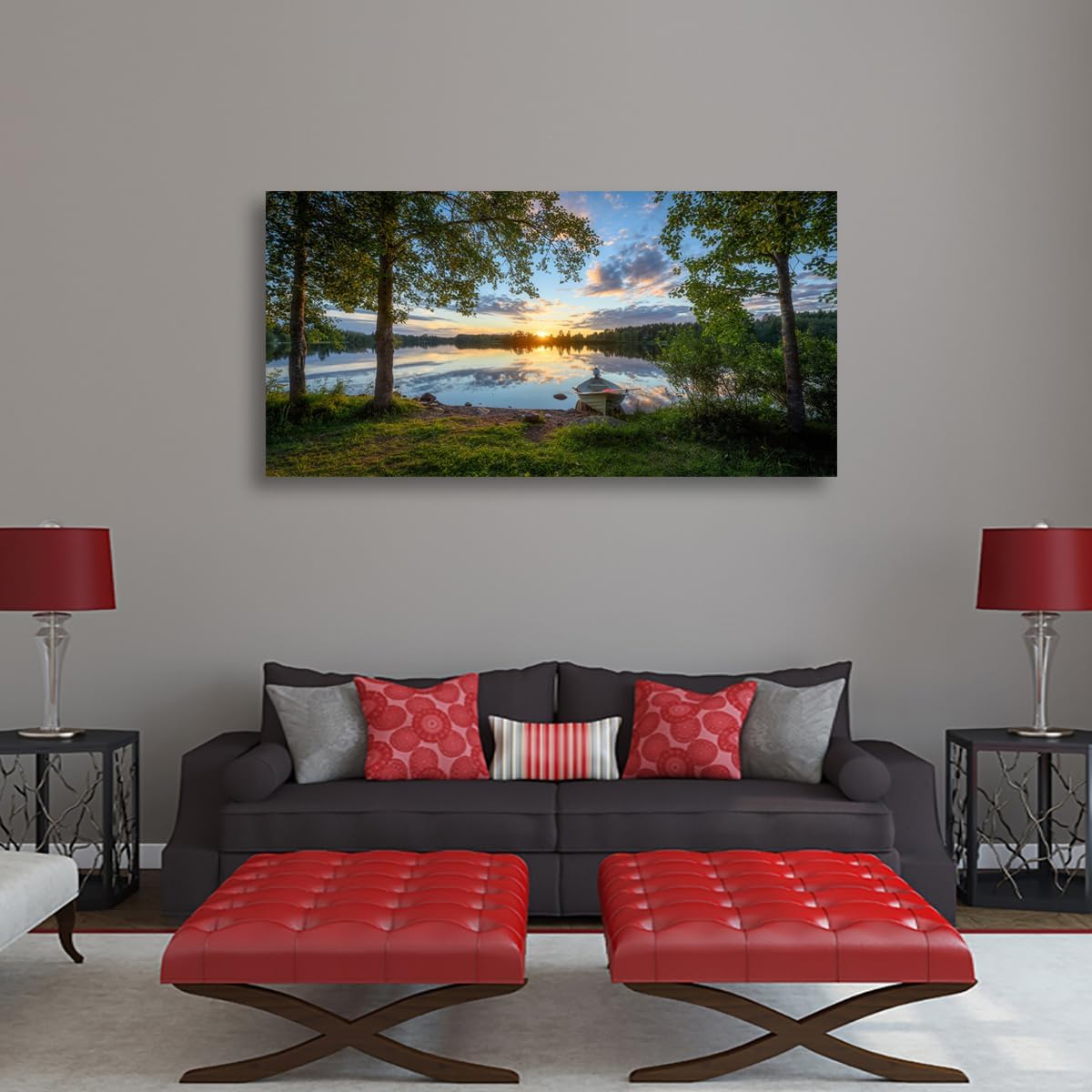 Tree Canvas Wall Art of a Sunrise Over a Forest Lake 28x57 inches Nature Inspired Painting Perfect for Wall Decoration in Living Room and Bedroom Trees and Landscape Picture Artwork Prints