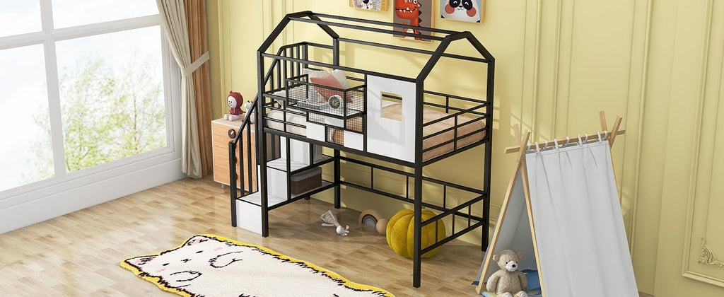 GOWE Metal Loft Bed with roof Design and a Storage Box, Twin, Black