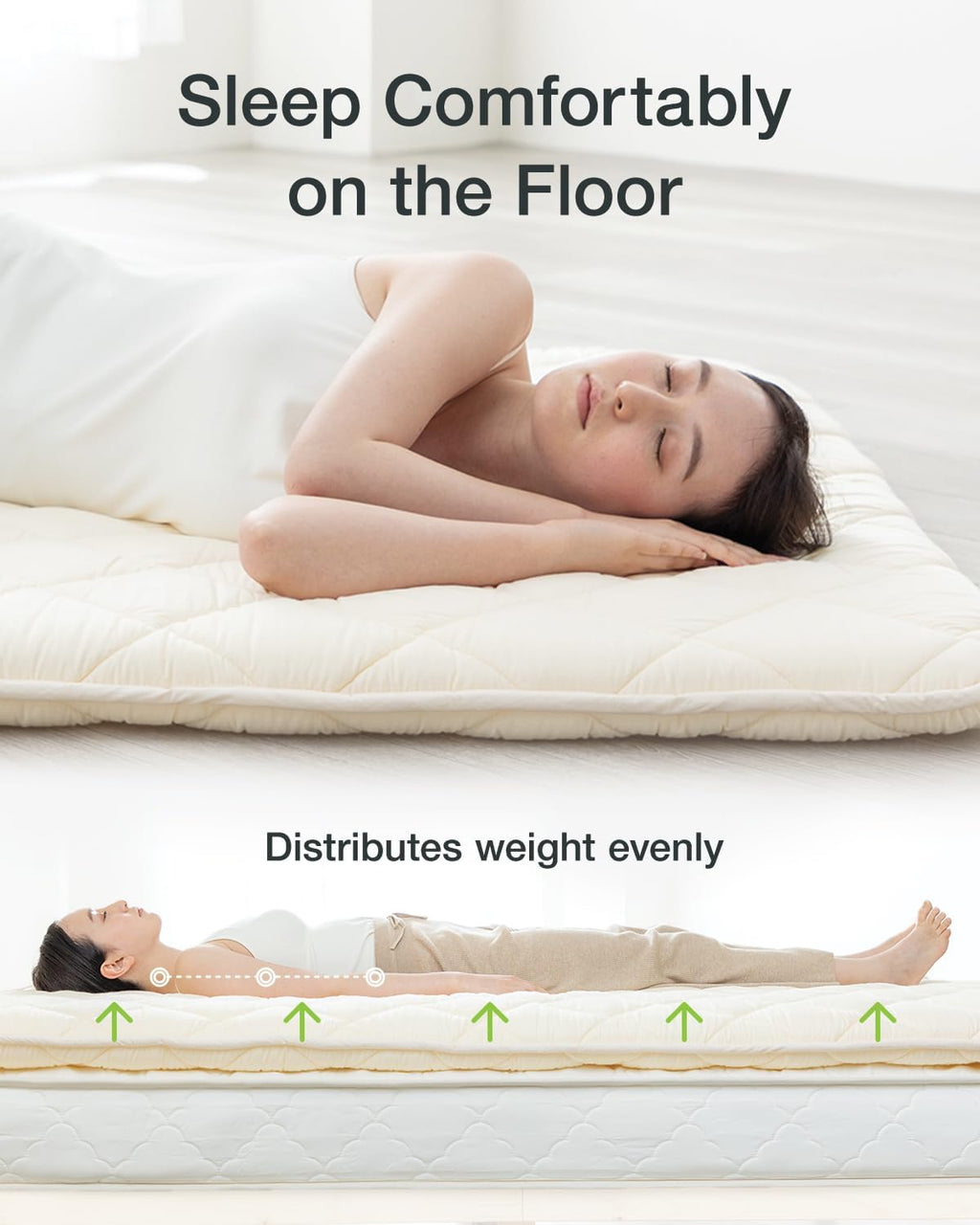 FULI Japanese Futon, Twin Size, White - Foldable Shikibuton Floor Bed - Medium Firm Quilted Cotton Sleeping Pad, Portable Roll-Up Japanese Floor Bed for Guests & Small Spaces