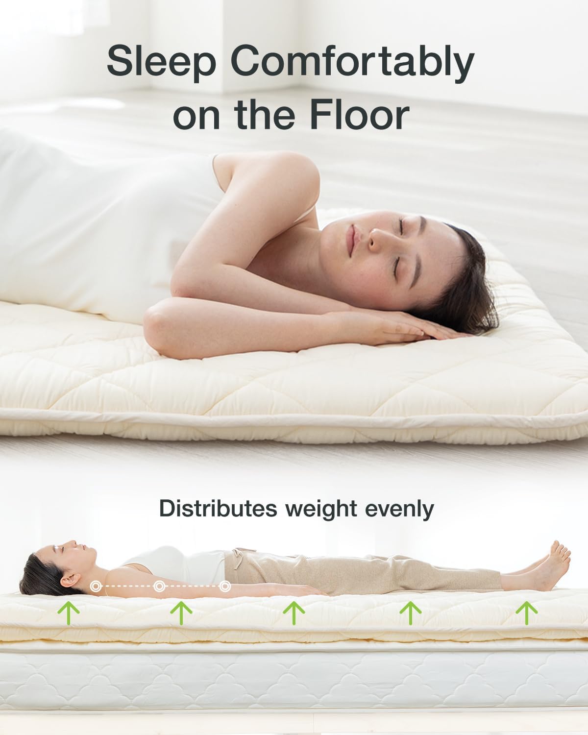 FULI Japanese Futon, Twin Size, White - Foldable Shikibuton Floor Bed - Medium Firm Quilted Cotton Sleeping Pad, Portable Roll-Up Japanese Floor Bed for Guests & Small Spaces