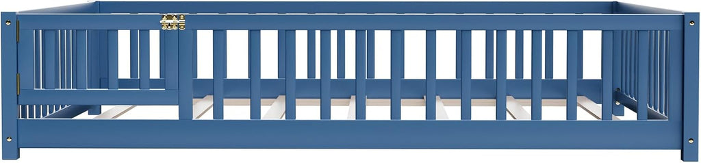 i-POOK Full Floor Bed Frame with Wood Slats, High Fence & Small Door, Pinewood Montessori Floor Bed for Girls and Boys, Mist Blue