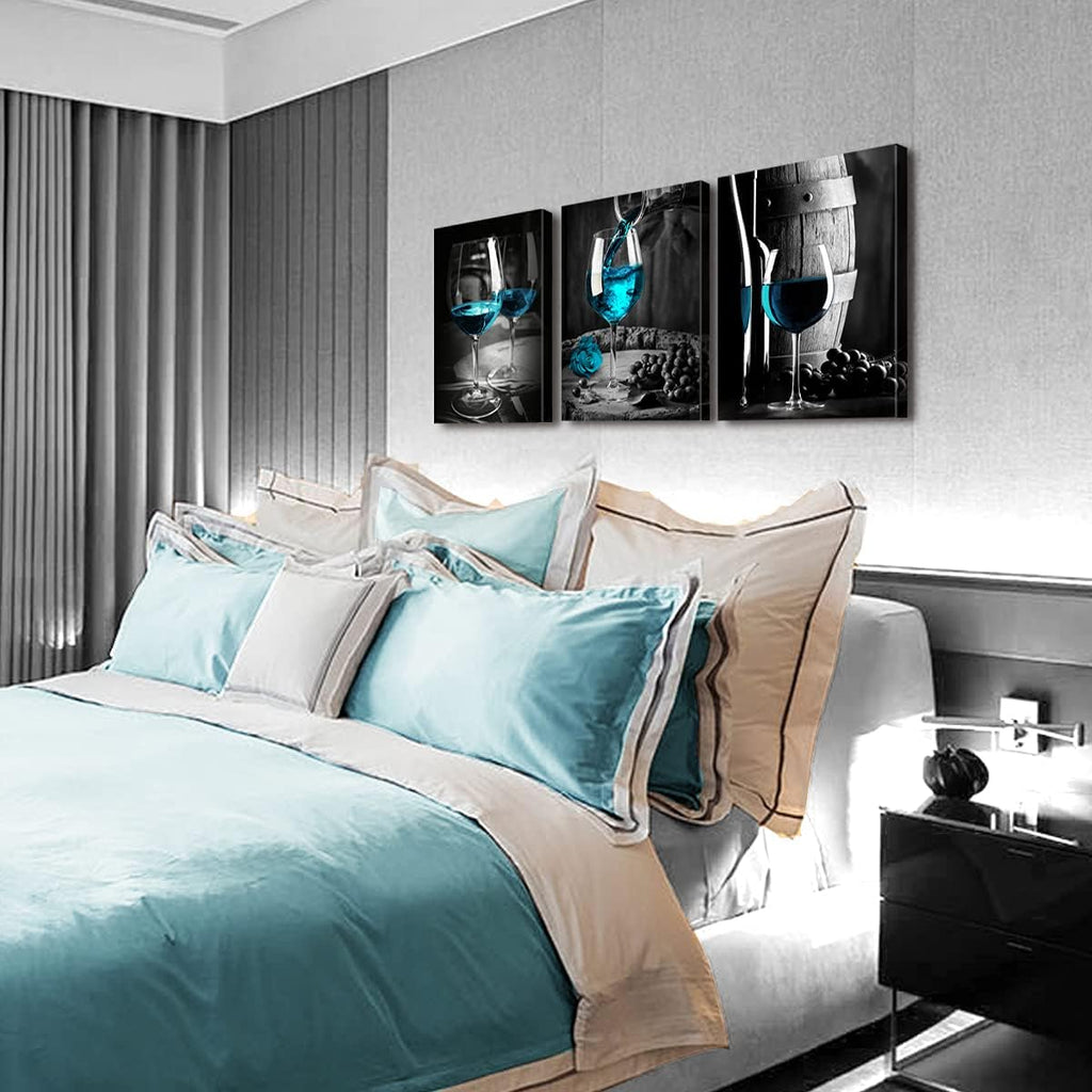 3 Panel Wine Glass Pictures Wall Decor Teal Blue Wall Art for Kitchen Bar Turquoise Home Decorations, Black and White Cask Barrel Pictures Retro Gray Posters Framed Canvas Prints Dining Room 20x28'