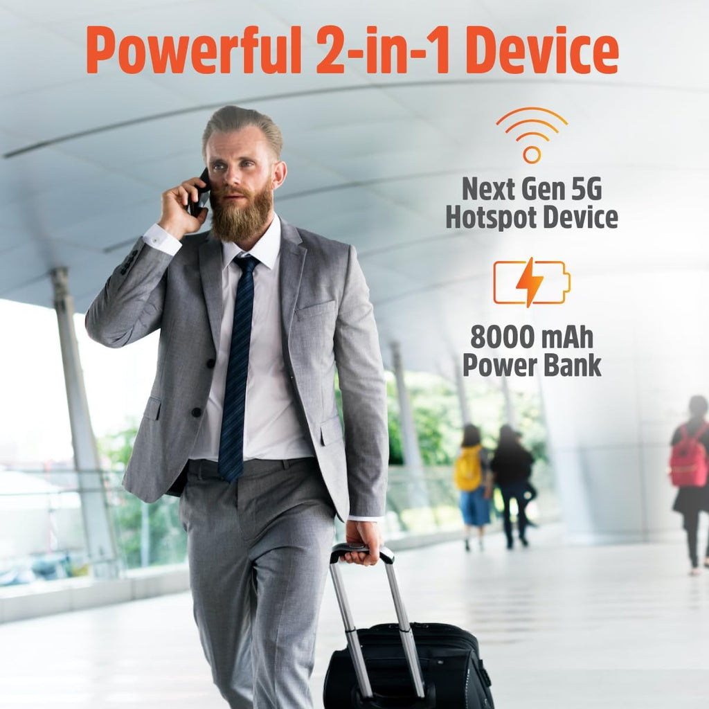 SIMO Solis Pro 5G Mobile Hotspot WiFi Power Bank Touchscreen Display for Travel in 140+ Countries, No SIM Card or Contract, Multi-Carrier Network, 20 Devices, 1GB/Month Lifetime + 10GB Global Data