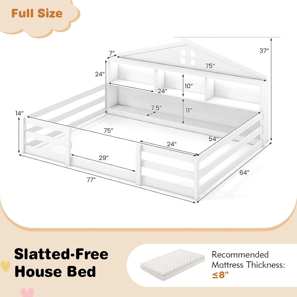 Giantex Full Size Montessori Floor Bed with LED Lights, 2-in-1 Wooden House Bed Frame with Safety Guardrails, Storage Compartments & Shelf, No Box Spring Needed, Without Slats, White