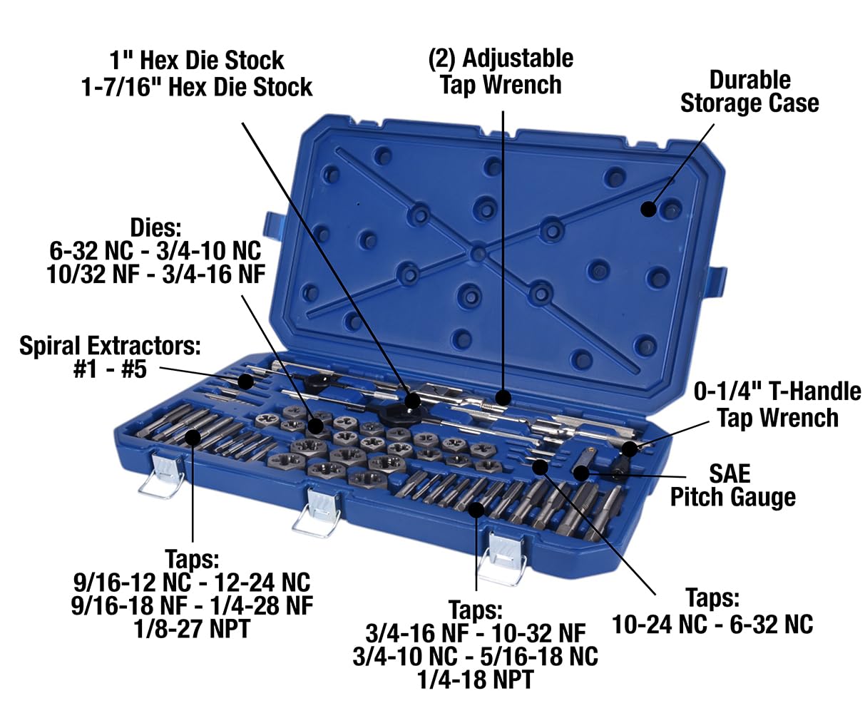 Century Drill & Tool – 98958 Carbon Steel Fractional Tap and Die Set, 58 Piece Tool Set – Tool Kit for Hand Cutting Applications, Construction