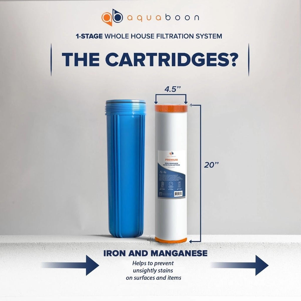 Aquaboon Whole House Water Filter System for Well Water with 5 Micron 20x4.5 Iron & Manganese Water Purification Cartrige | NSF Certified, Pressure Gauges & Releas, Wrench, Bracket 1' NPT