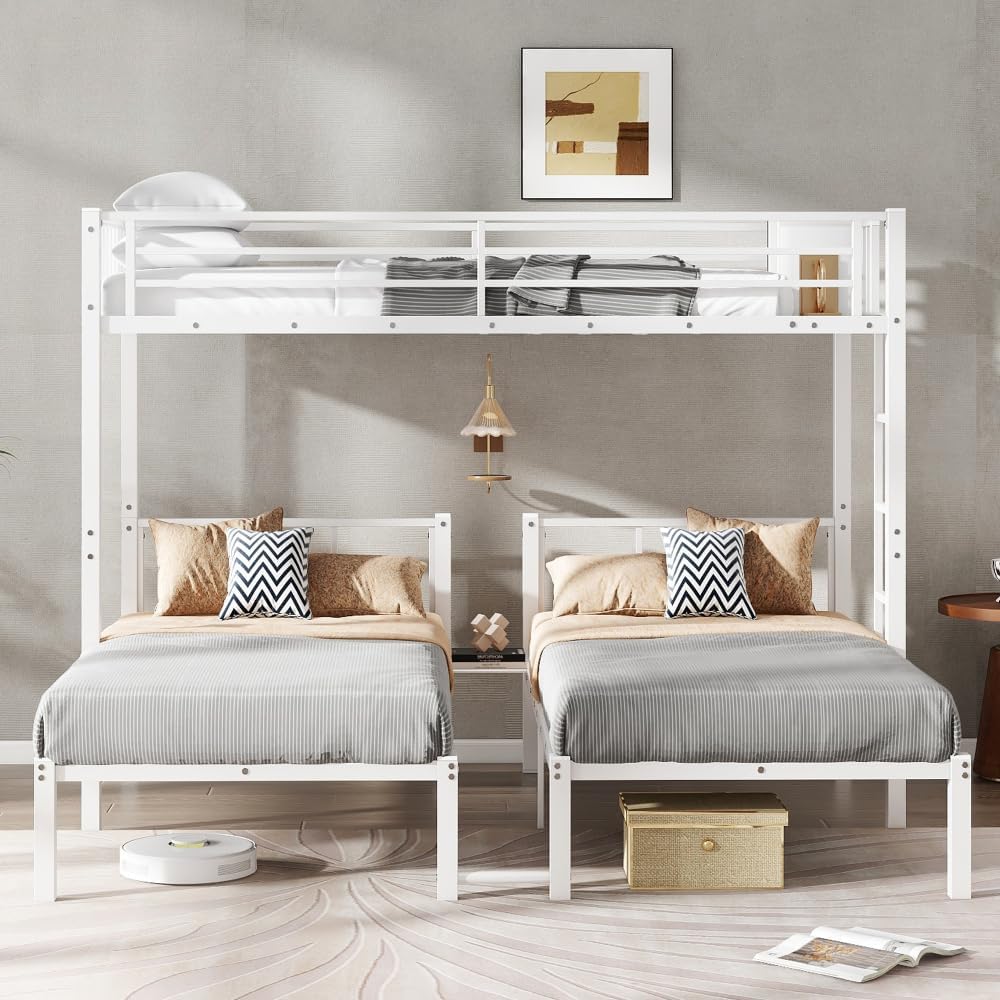 Twin Over Twin & Queen Bunk Bed, with Safety Guardrails,Space-Saving/Noise Reduced,Black (White + Metal)