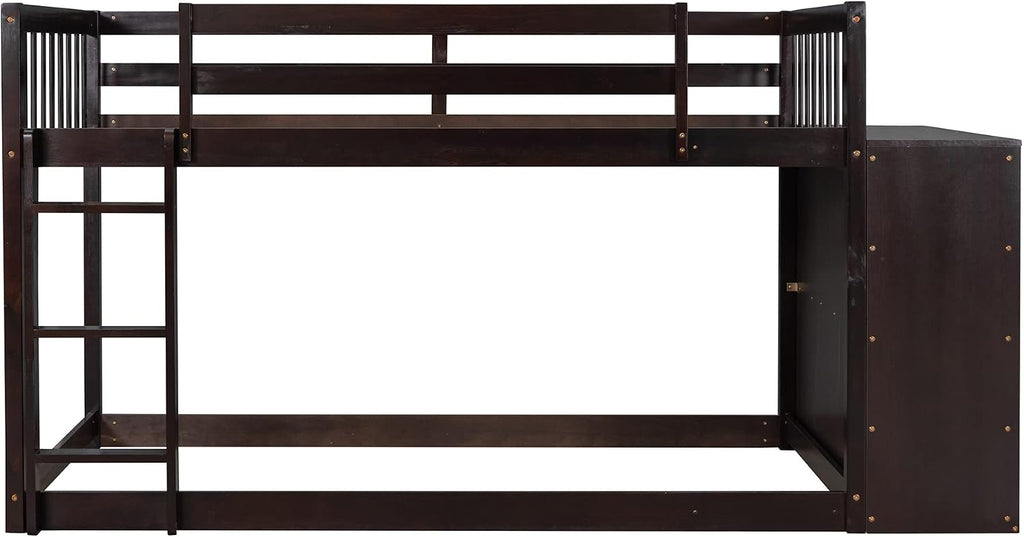 Twin-Over-Twin Size Bunk Bed, Bedroom Furniture Pine Wood Bed Frame with Storage Drawers and Open Shelves, Drawers and Shelves Set Can Be Moved, for Kids & Teens (Espresso)
