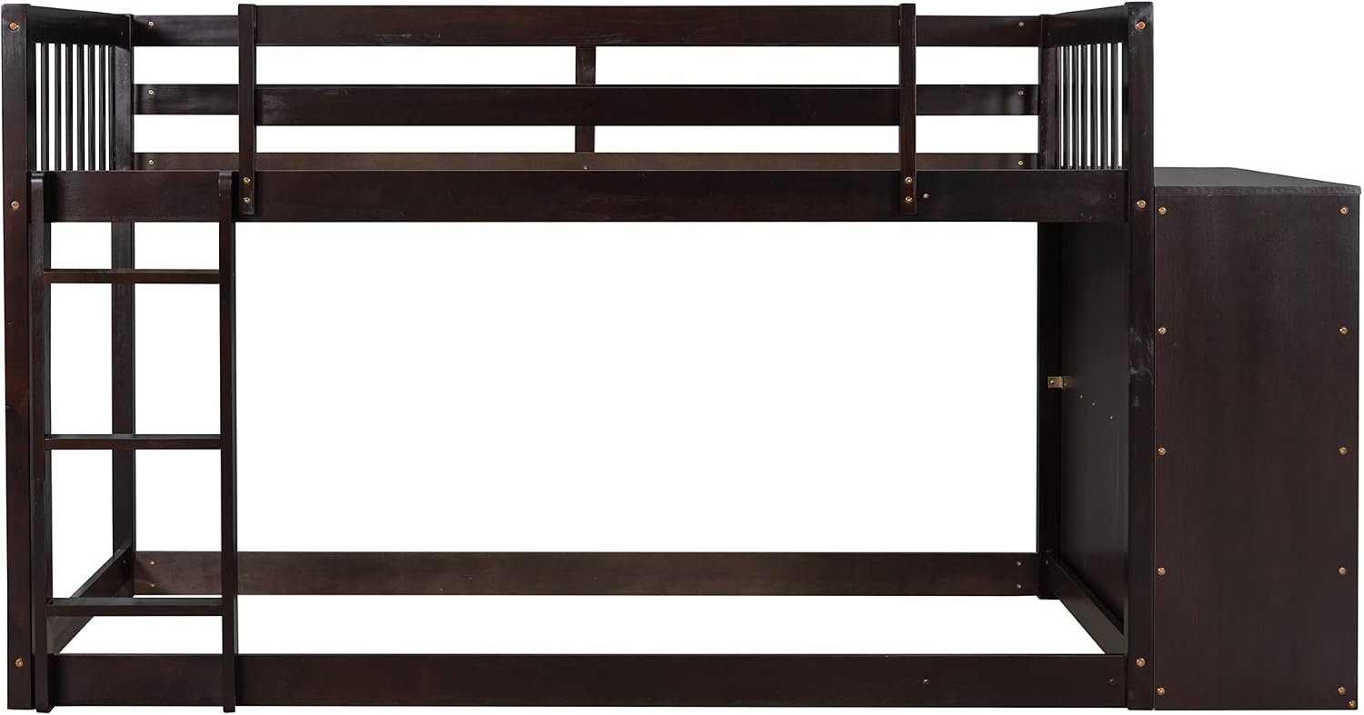 Twin-Over-Twin Size Bunk Bed, Bedroom Furniture Pine Wood Bed Frame with Storage Drawers and Open Shelves, Drawers and Shelves Set Can Be Moved, for Kids & Teens (Espresso)