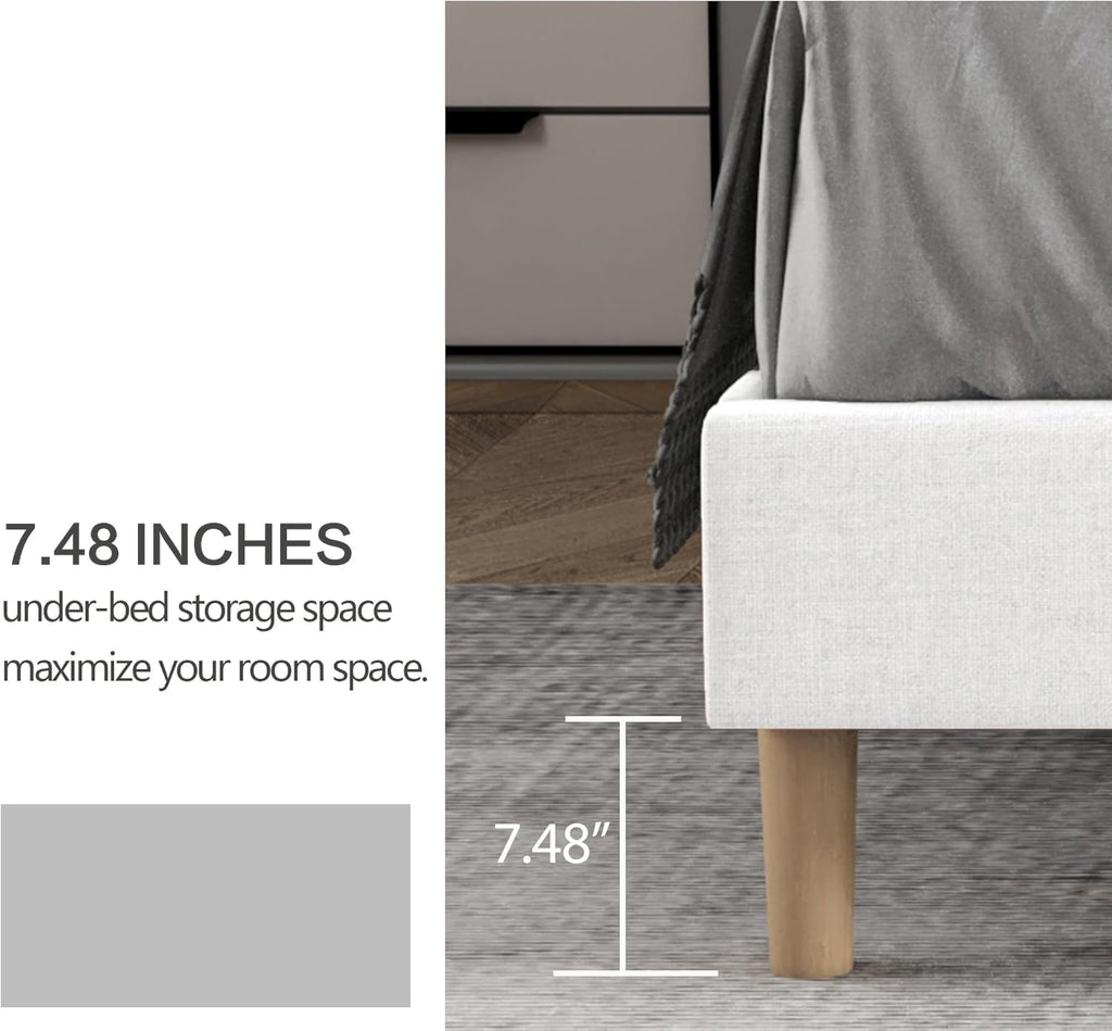 Twin Size Bed Frame with Headboard, Modern Upholstered Linen Platform Bed, Heavy Duty Wooden Slats Support, No Box Spring Needed, Noise-Free & Easy Assembly, White