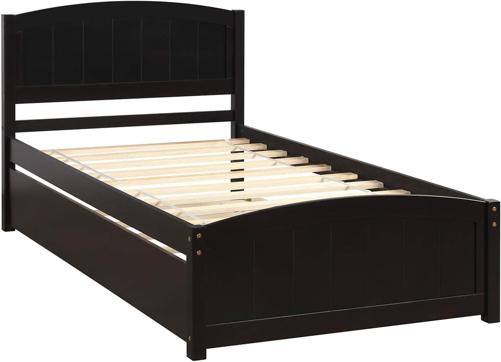 Modern Solid Wood Platform Bed with Trundle Classic Bed Frame with Headboard, No Box Spring Needed Space Saving, Twin Espresso