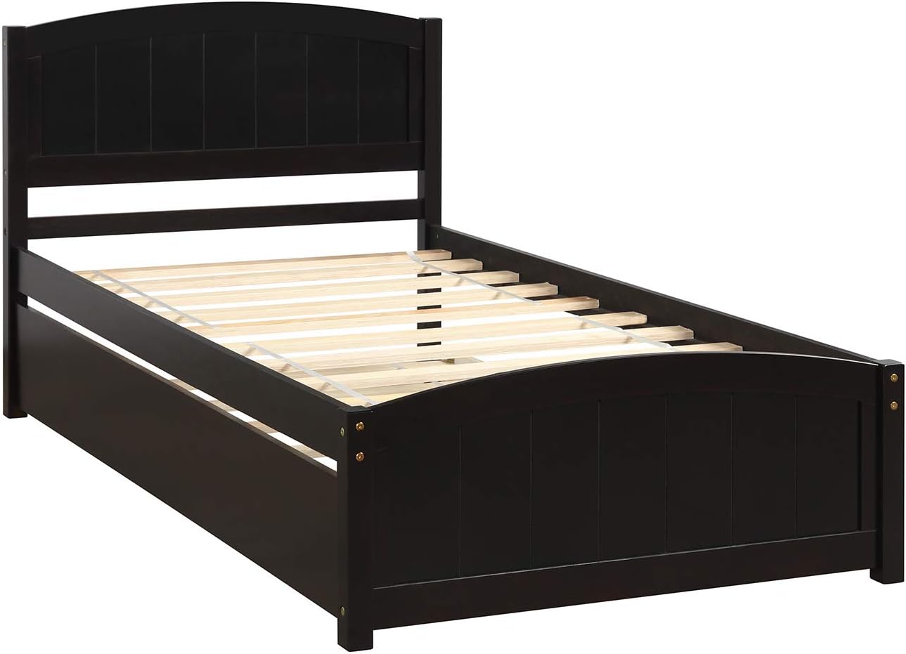 Modern Solid Wood Platform Bed with Trundle Classic Bed Frame with Headboard, No Box Spring Needed Space Saving, Twin Espresso