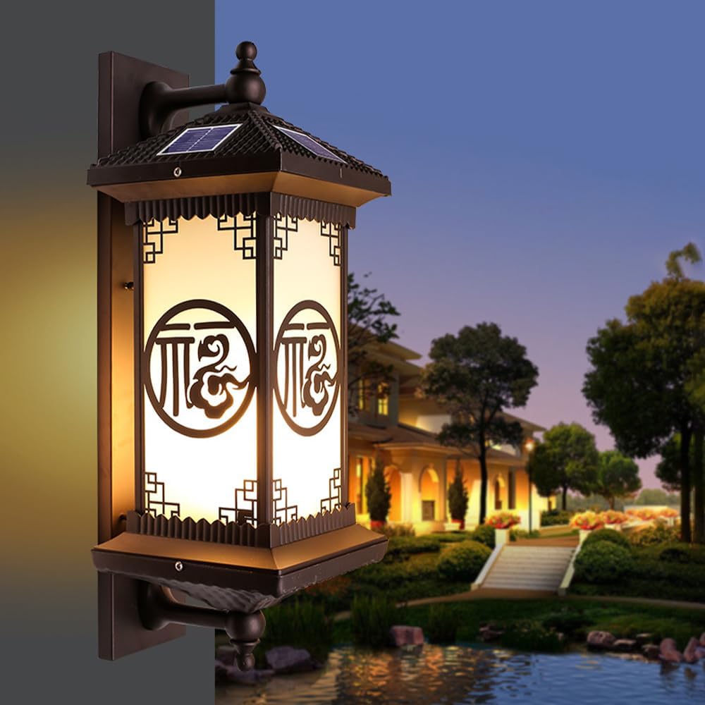 Outdoor Solar Wall Light Vintage Lantern Wall Sconce Cordless Solar Powered Wall Mounted Lamp Exterior Porch Lights Patio Fence Outside Sconces Wall Lighting Fixture