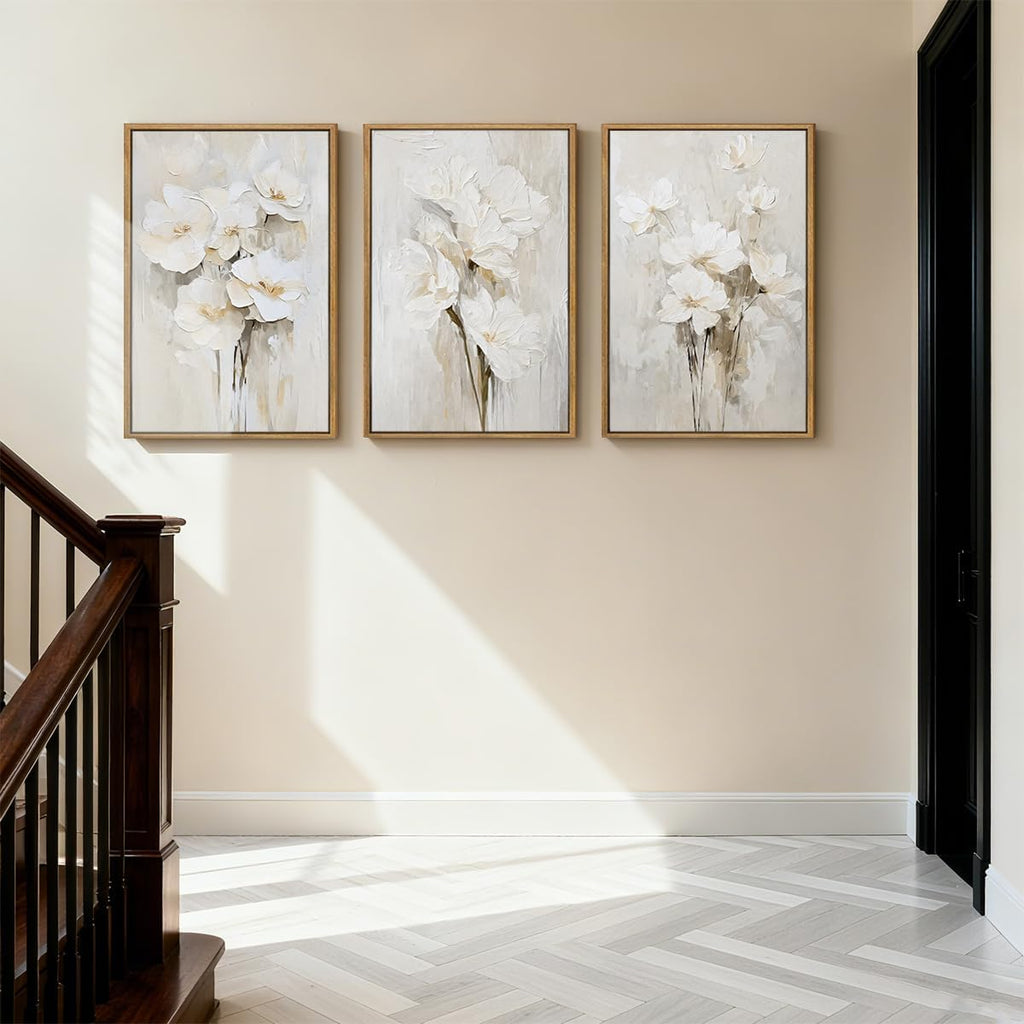 Anyzal Large Framed Beige Floral Wall Art Neutral Flower Wall Decor,White Flower Wall Art,White Wildflower Artwork,Abstract Botanical Floral Painting for Living Room Bedroom Dining Room 24x36 Inch