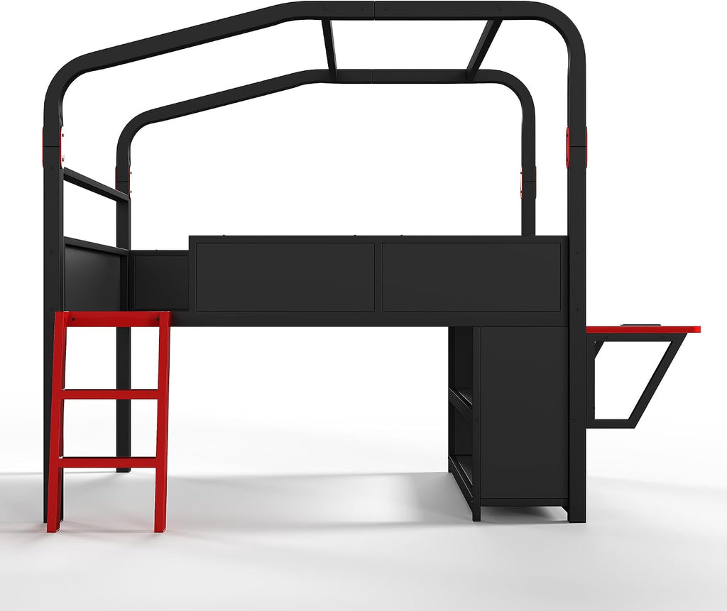JIVOIT Full Size Metal Loft Bed with Built-in Side Desk, Gaming Style Metal Low Loft Bed with Storage Cabinets, Chic Canopy Design, Easy Assembly