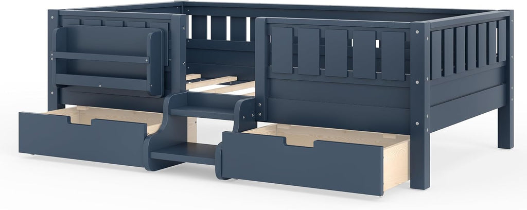 Bellemave Twin Kids Montessori Bed with Stairs, Bookshelf and Drawers, Solid Wood Kids Bed Frame with Storage for Boys Girls, Low Profile,Blue