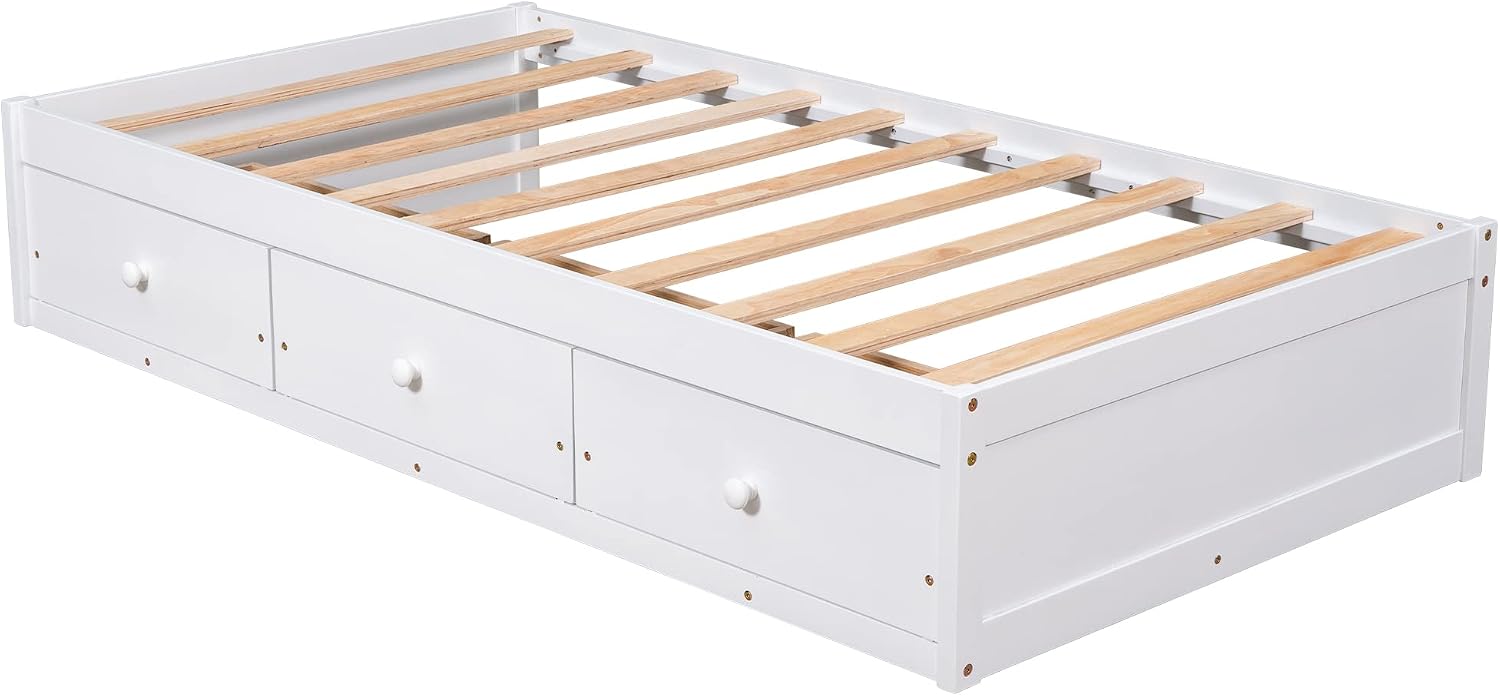 Bellemave Twin Platform Bed Frame with 3 Storage Drawers, Wood Twin Size Bed with Support Slats, Twin Bed Frame for Kids,Teens,Adults No Box Spring Needed (White)