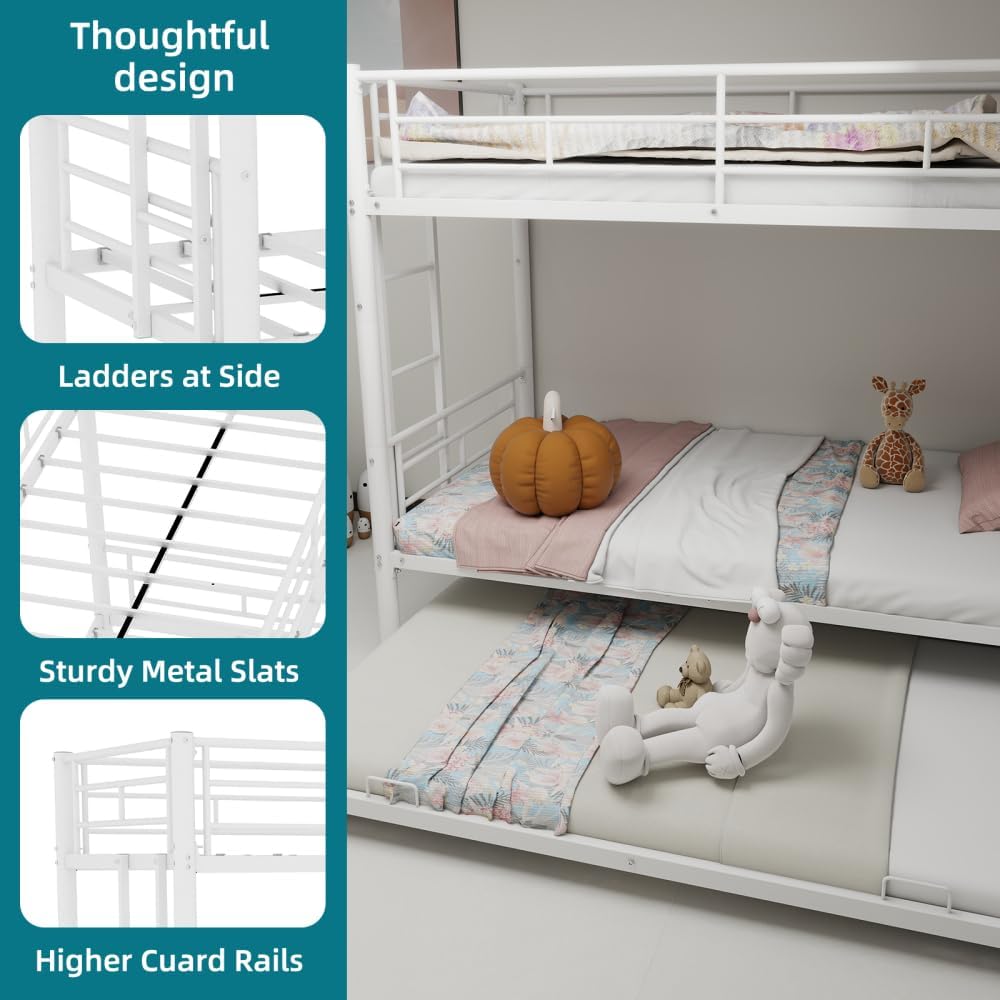 Twin Over Full Metal Bunk Bed, with Ladder & Full-Length Guardrail for Teens Adults, Noise Free (White + Metal + Twin)