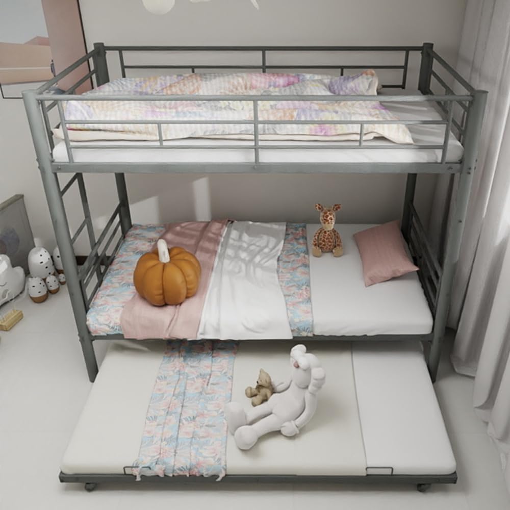 Twin Over Full Metal Bunk Bed, with Ladder & Full-Length Guardrail for Teens Adults, Noise Free (Silver + Metal + Twin)