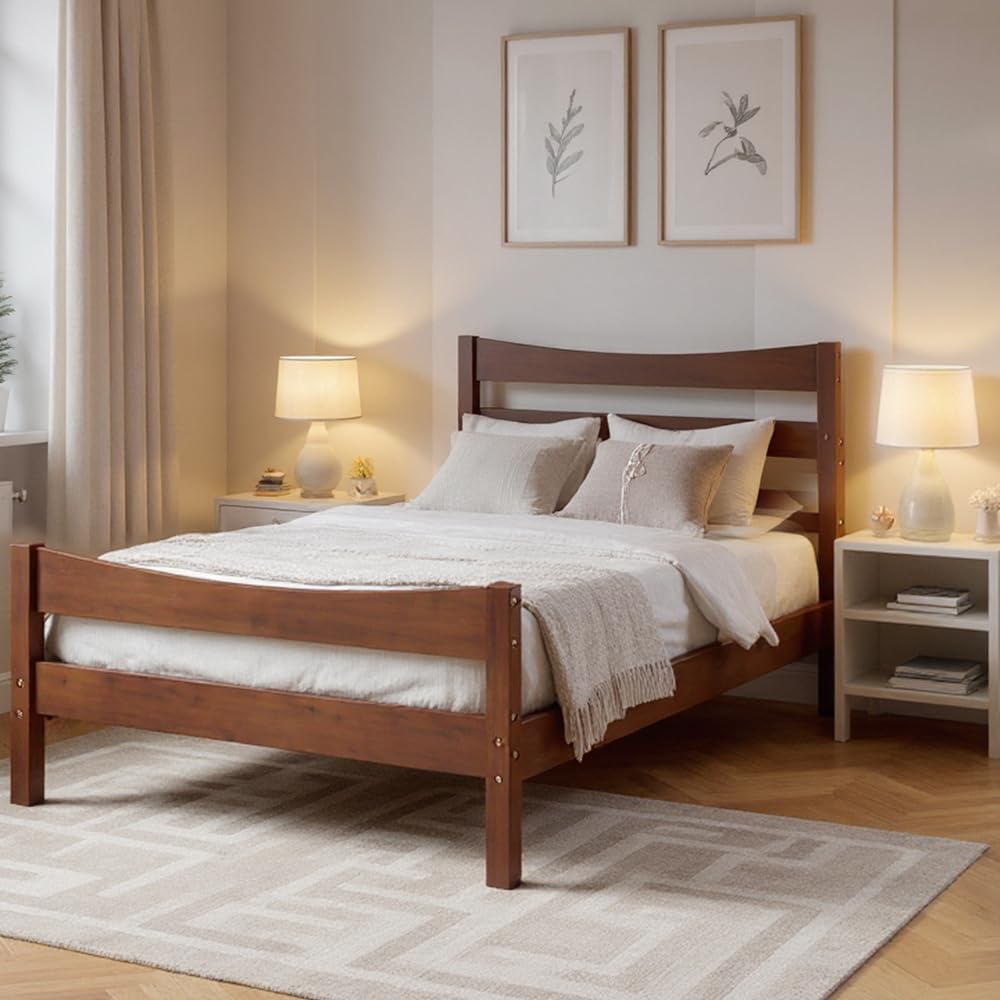 NAFORT Twin Size Wood Bed Frame/Twin Platform Bed Frame with Headboard and Footboard, Bed Frames for Boys Girls, Pine Wooden Mattress Foundation, No Box Spring Needed - Walnut