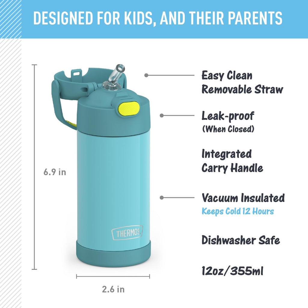 THERMOS FUNTAINER Water Bottle with Straw - 12 Ounce - Kids Stainless Steel Vacuum Insulated Water Bottle with Lid,Blue/Green,(Pack of 6)
