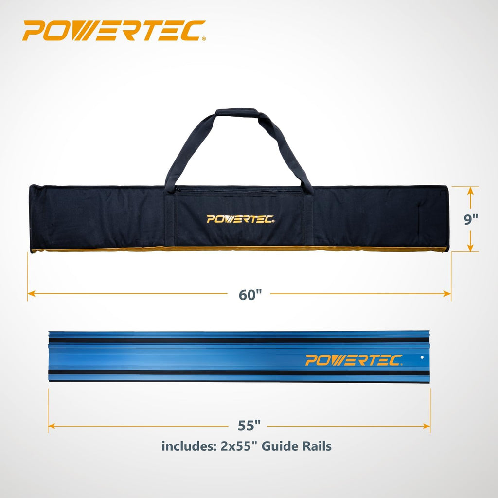 POWERTEC 72154 110' Track Saw Guide Rail Joining Set with Protective Bag for Milwaukee Track Saws | Includes 2x55' Guide Rails and (2) Guide Rail Connectors for Woodworking Projects