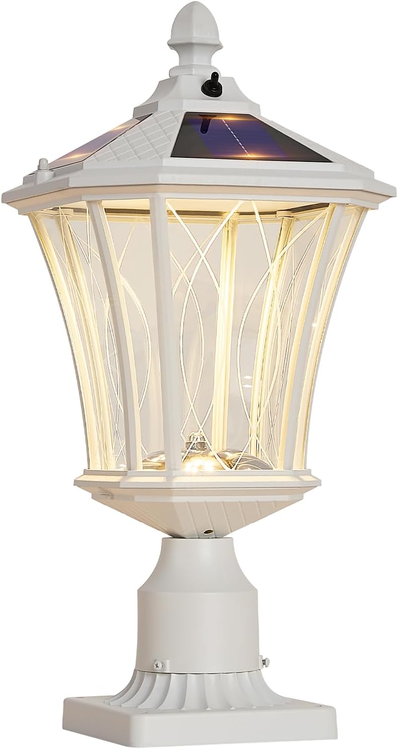 Outdoor Solar Post Lights with Pier Mount Base, White Dusk to Dawn Pillar Lamps with Patterned Glass, Waterproof Exterior Pole Lanterns with for Patio, Garden, Porch