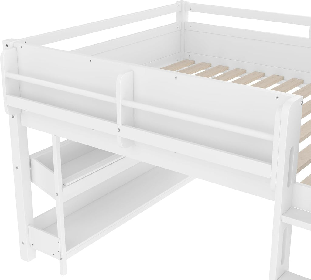 MERITLINE Full Loft Bed with Desk & Blackboard, Twin Multi-Functional Bed with Storage, All-in-One Study & Play Design, White