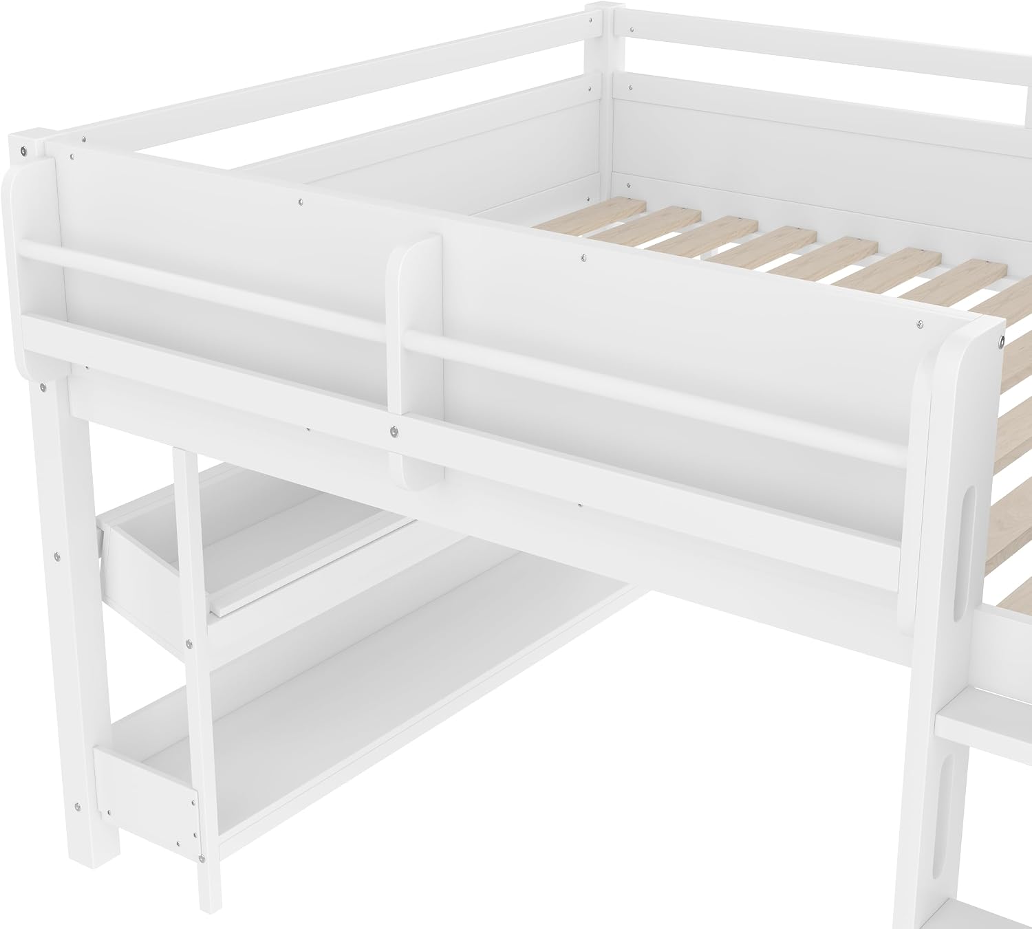 MERITLINE Full Loft Bed with Desk & Blackboard, Twin Multi-Functional Bed with Storage, All-in-One Study & Play Design, White