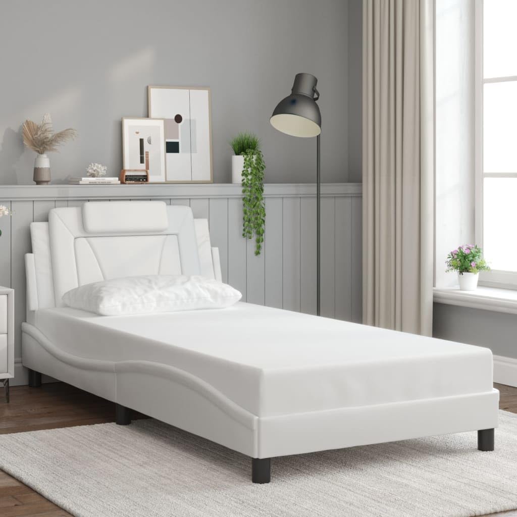 Twin Upholstered Faux Leather Platform Bed Frame with Wavy Headboard 39.4x74.8x29.3 in White Modern Storage Bedroom Furniture for Small Rooms