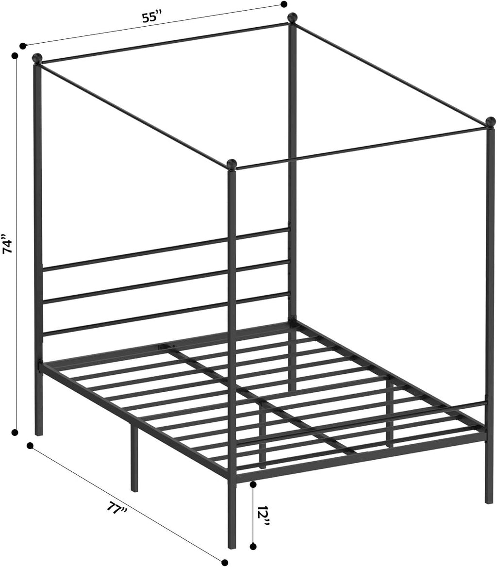 JOM Canopy Bed Frame Full Size Black Metal 4 Poster Double Bedframe Modern Post Corner with Headboard for Girls Boys