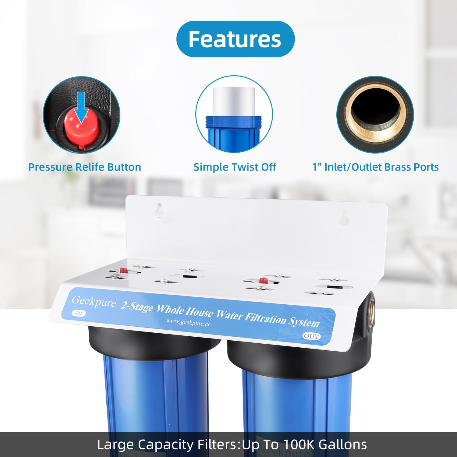Geekpure 2 Stage Whole House Water Filter System with 10-Inch Blue Housing-1'Port