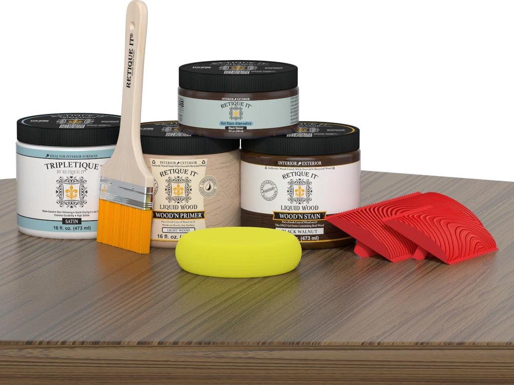 Retique It Wood Finish Countertop Kit – GO Beyond Faux Wood with Paintable Liquid Wood Based Primer and Gel Stain - Graining Tools Included (Countertop Kit, Black Walnut)