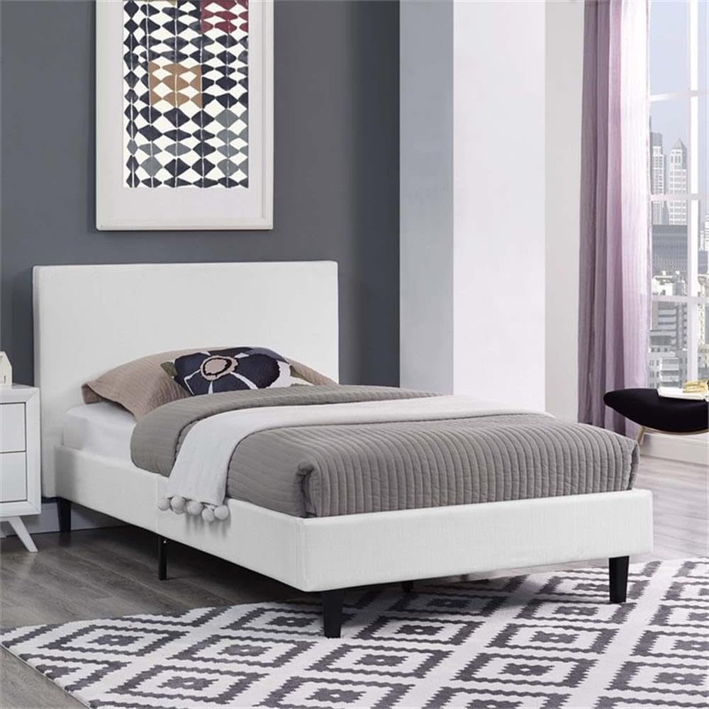 Pemberly Row Set of 2 Twin Modern Bed in White and Nightstand in Walnut/White