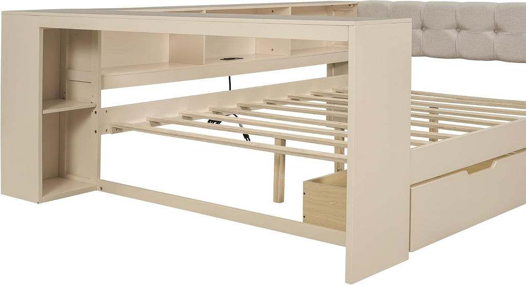 Full Size Platform Bed with Storage Shelves and Study Desk, Wood Daybed Frame with Upholstered Headboard and 2 Drawers for Office/Living Room/Bedroom, Maximize Space