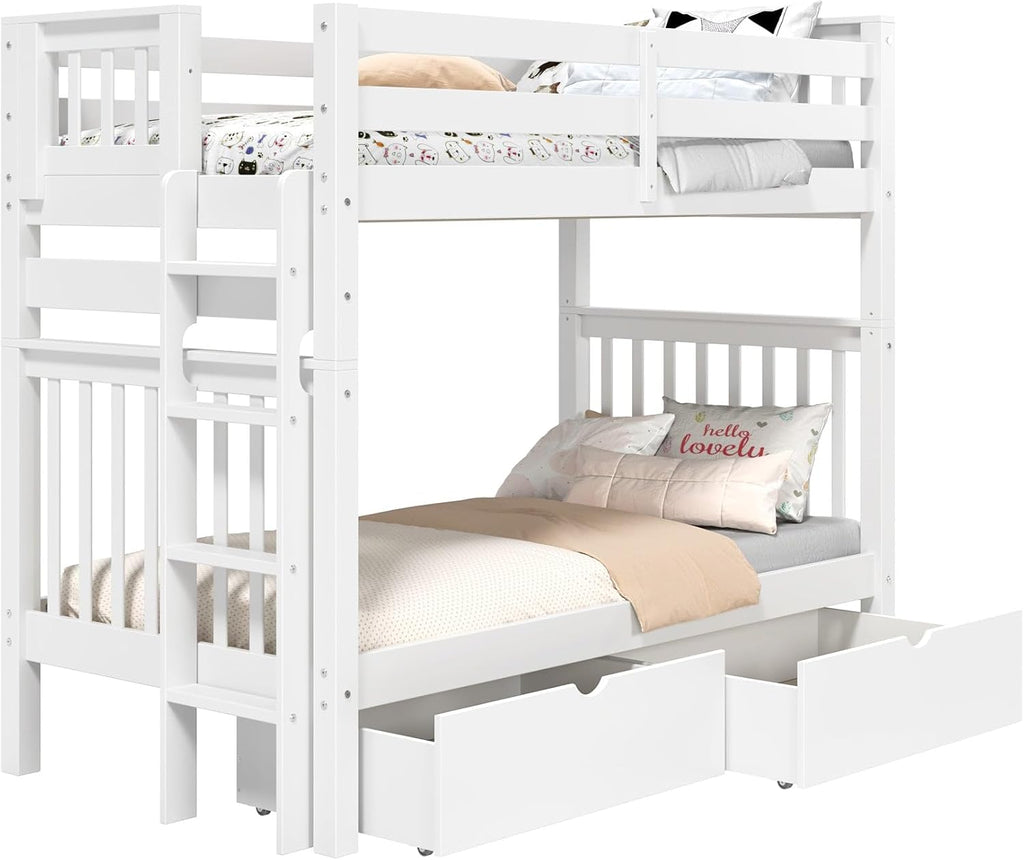 Bedz King Tall Bunk Beds Twin Over Twin Mission Style, End Ladder, 2 Storage Drawers, White
