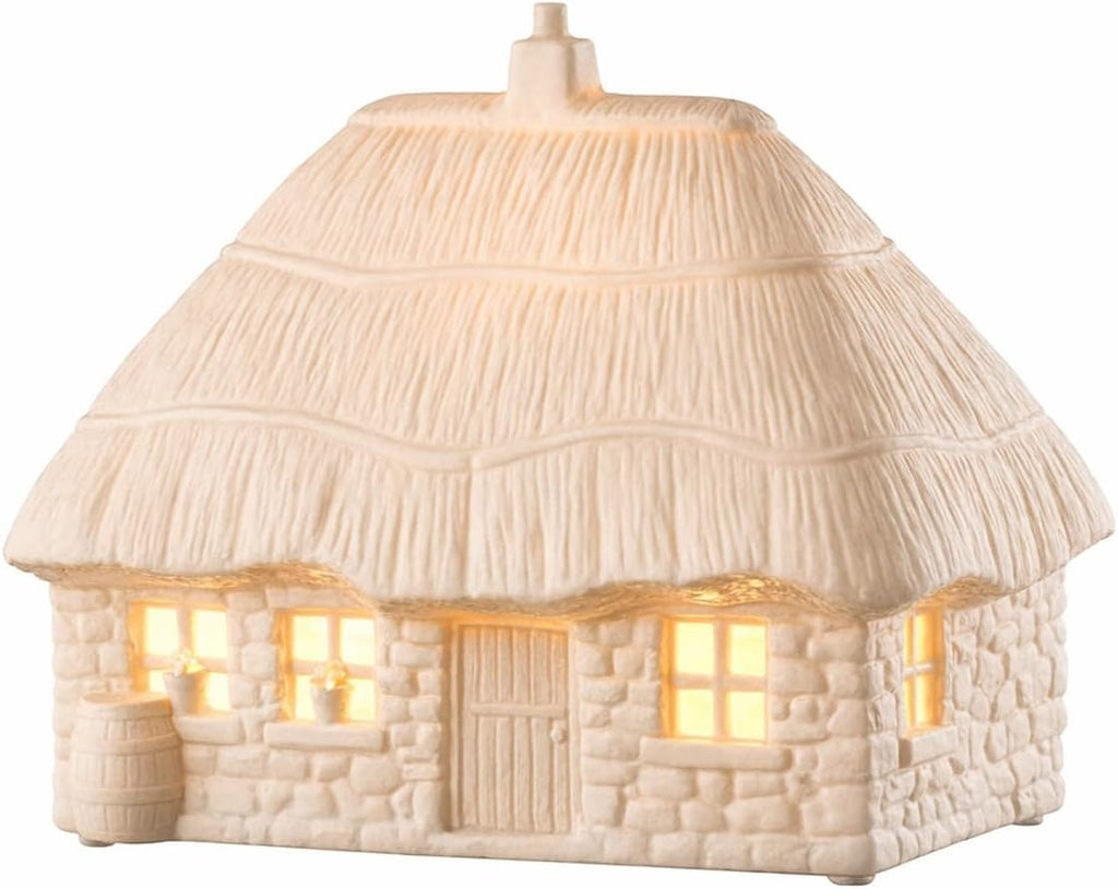 Belleek Classic Thatched Cottage Luminaire, 6.5-Inch H x 10-Inch L x 5.3-Inch W Handcrafted Irish Porcelain Figurine Lamp
