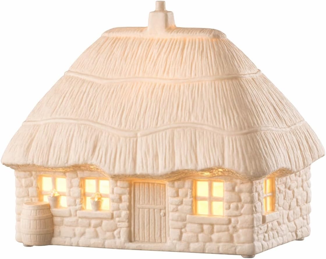 Belleek Classic Thatched Cottage Luminaire, 6.5-Inch H x 10-Inch L x 5.3-Inch W Handcrafted Irish Porcelain Figurine Lamp