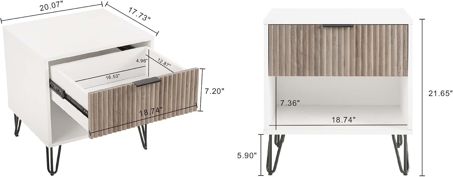 Manhattan Comfort Dumbo Fluted Nightstand with Drawer and Open Shelf, Gold Hairpin Legs and Metal Handle, Snap Tool-Free Assembly, Bedside Accent Table for Bedroom, Living Room in White & Rustic Grey
